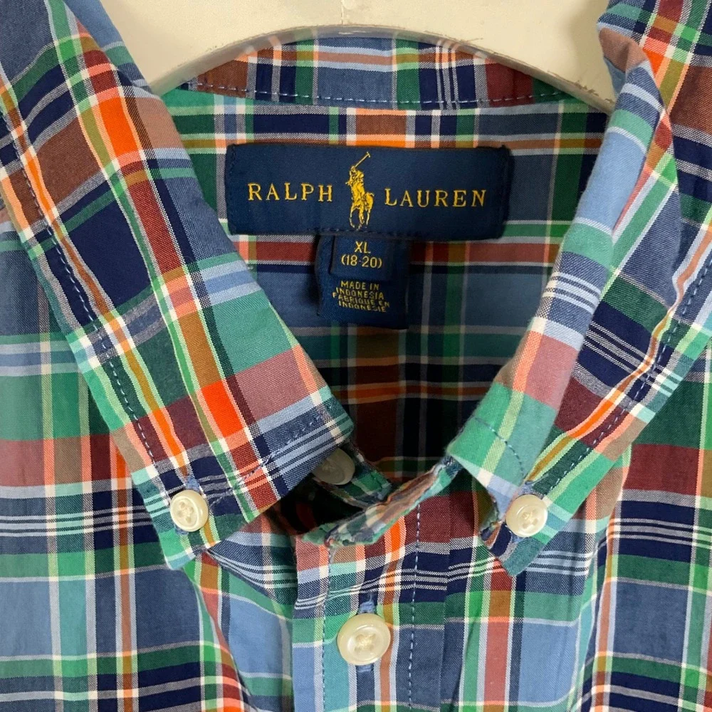 Ralph Lauren Boys XL 18-20 Plaid Short Sleeve Button Down Shirt Blue Green Multi